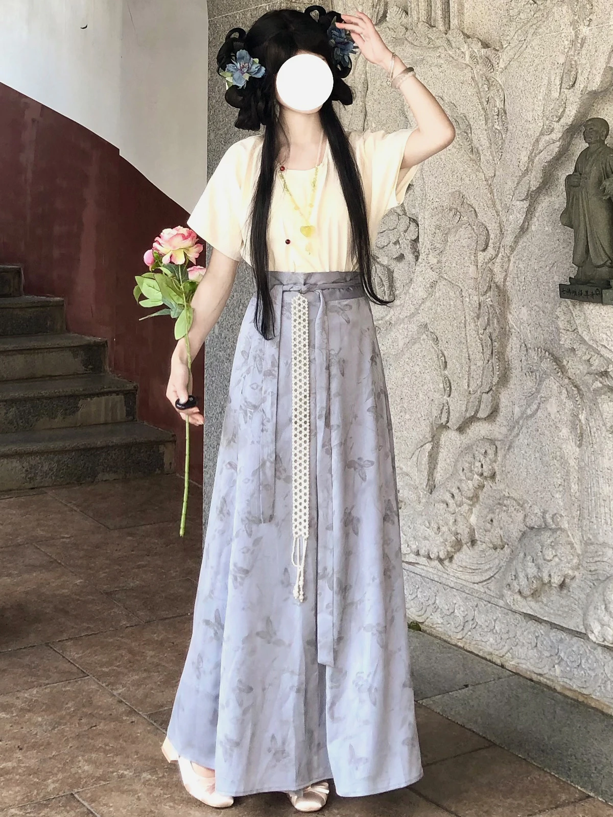 

Mengsangta Four Seasons Mist Blue One-Piece Skirt with Pocket Hanfu New Large Size Tang Dynasty Cotton Summer
