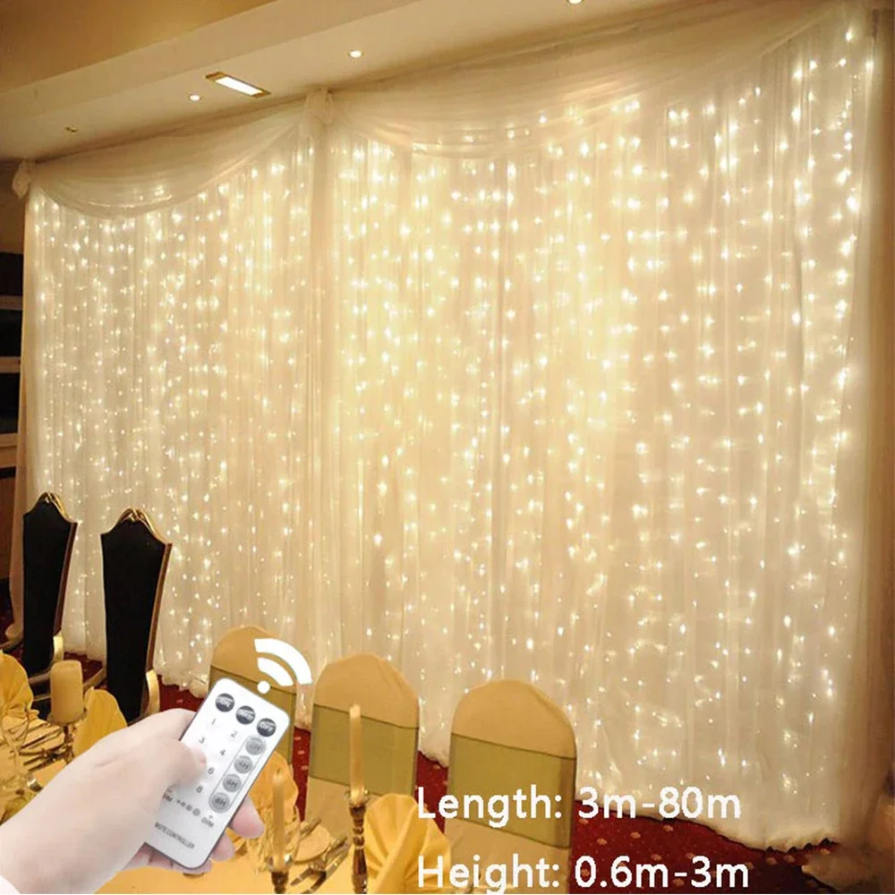 3-80M Ramadan Decoration 2025 Led Icicle Curtain Fairy Christmas String Lights Garland Outdoor For Wedding Home Room Patio Party