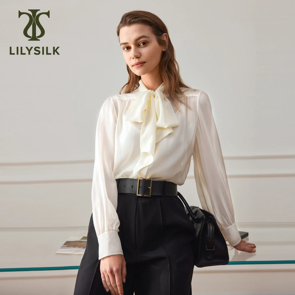 LILYSILK Women's Silk Sheer Mesh Shirt Ladies Light Long Sleeve Bow-Tie Elegant Blouse for Everyday Wear