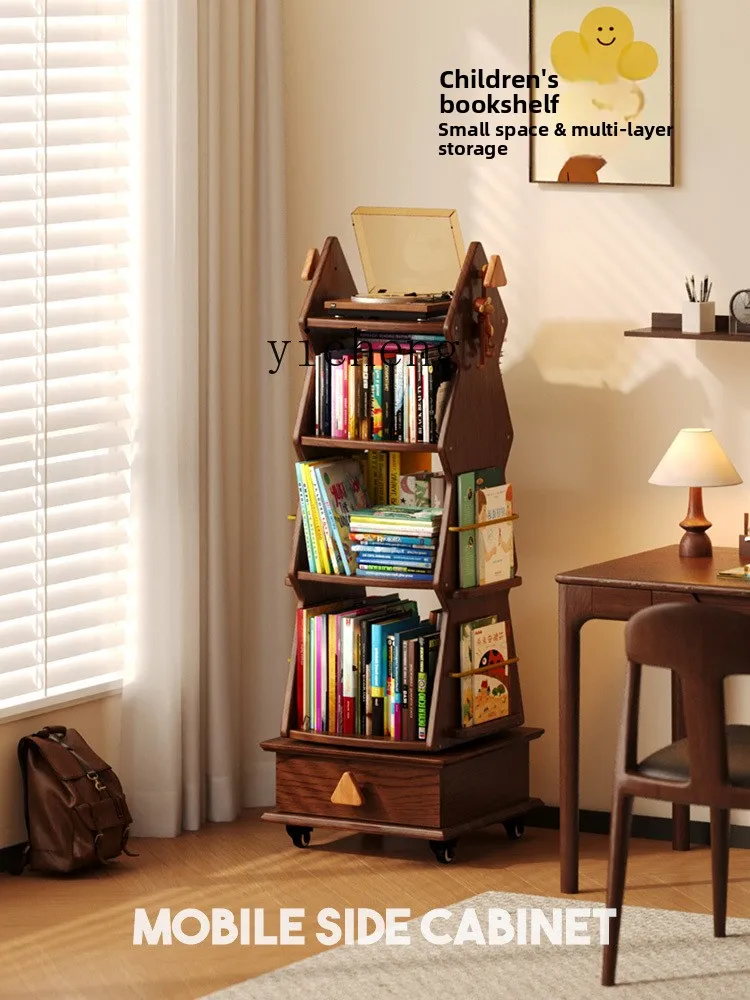 

FY Children's Rotating Bookshelf Movable Solid Wood Floor-standing Small Bookcase Study Storage Rack