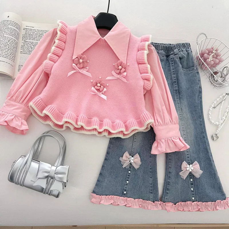 

Girls' Knitted Vest Three-Piece Set2025Autumn New Baby Cotton Shirt Bow Lace Jeans Set