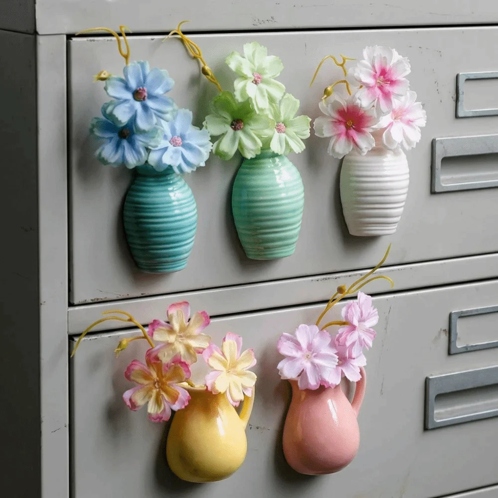 2PCS Ceramic Vase Fridge Stickers Exquisite Personality Mini Plant Vase Colorful Decorative Refrigerator Magnets Vase Office