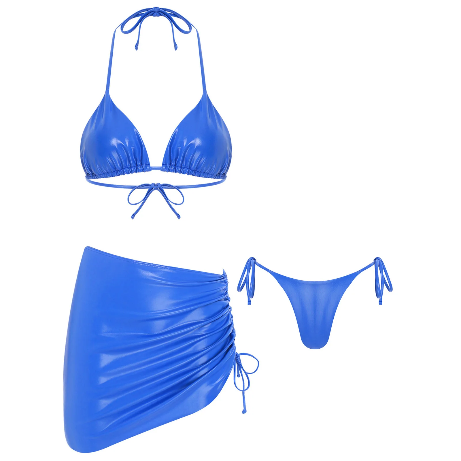 

Womens Shiny Bikini Swimsuit Halter Triangle Cup Bra Tops T-back Thong And Ruched Drawstring Skirt for Carnivals Beachwear