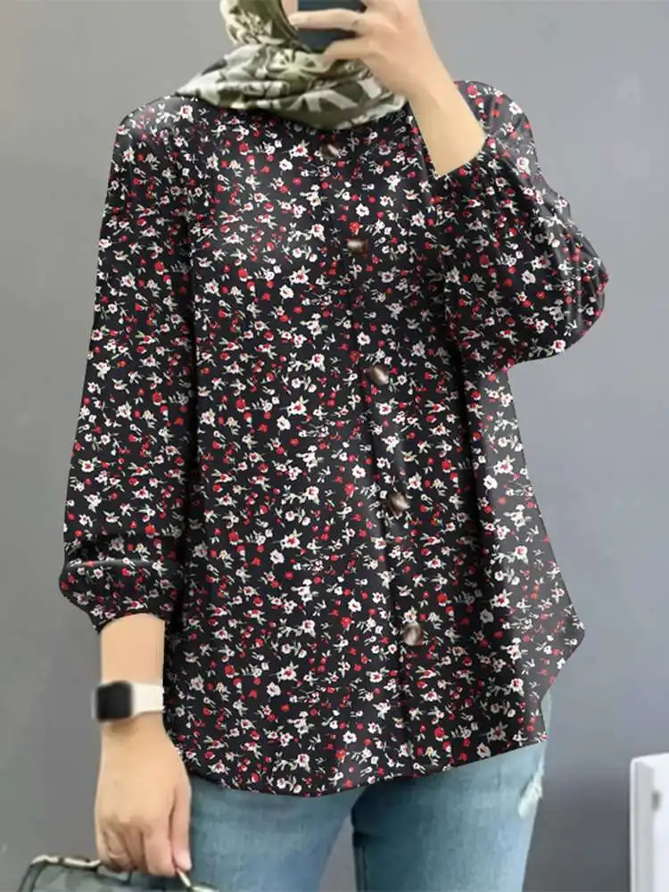 

2023 ZANZEA Bohemian Floral Printed Muslim Tops Woman Puff Sleeve O-Neck Blouse Femme Turkey Hijab Shirt Casual Holiday Chemise