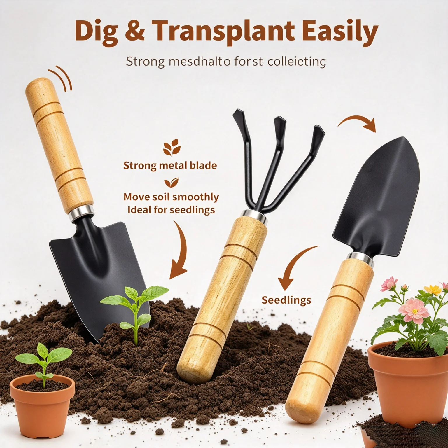 Garden Tool Set Wood Handle Metal 3Pcs For Balcony Planters Loosen Soil Transplant Succulents