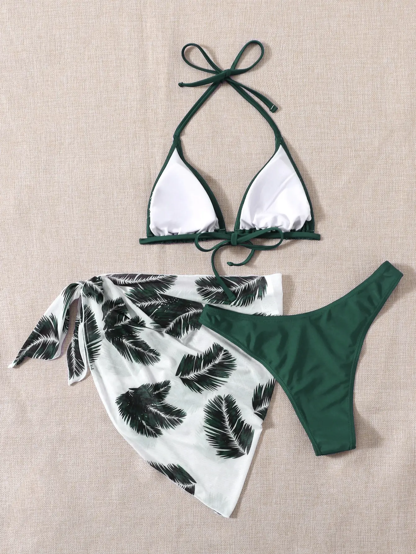 

Green Leaf Print 3 Piece Bikini Set Halter Triangle Top High Cut Bottom Cover Up Skirt