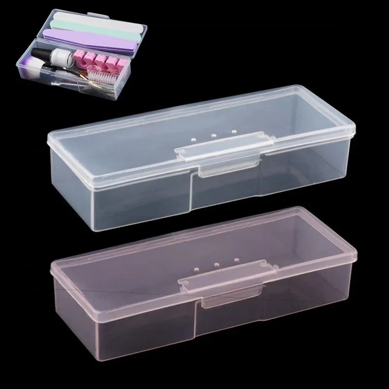 Nail Art Storage Box Nail Accessories Organizer Clear Pink Plastic Container Nail Rhinestone Brush Pen Buffer Grinding Files Box