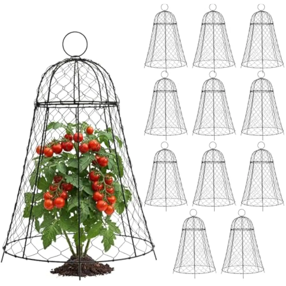 Garden Plant Cloches 12 pcs – Heavy-Duty Galvanized Steel Wire Cages with Detachable Lids – Hexagonal Mesh Barrier Against Rabbi