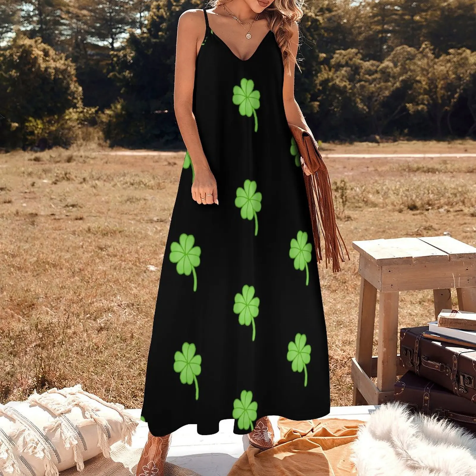 Lucky Shamrock Pattern - Symbol of Saint Patrick's Day in Black Background Sleeveless Dress Dress women party dresses woman