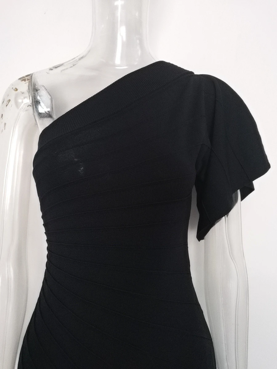 VGH Slimming Irregular Pleated Dress for Women Diagonal Collar Off One Shoulder Flare Sleeve High Waist Elegant Dresses Female