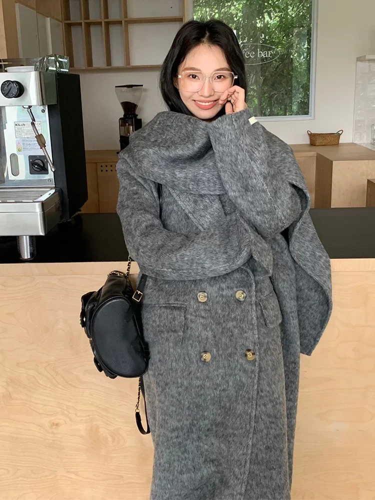 

Новое толстое шерстяное пальто с большим шарфом, женское свободное пальто с длинными лацканами, двубортное пальто из шерсти альпаки, женское модное пальто, осень-зима