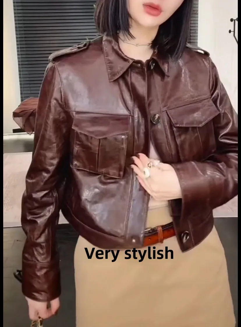 2025 Nieuwe vrouwen ort Lederen Jaet Rits Motorfiets Olie Wax eapenvacht Jas Echt Leer Faionable Pendelen Sle