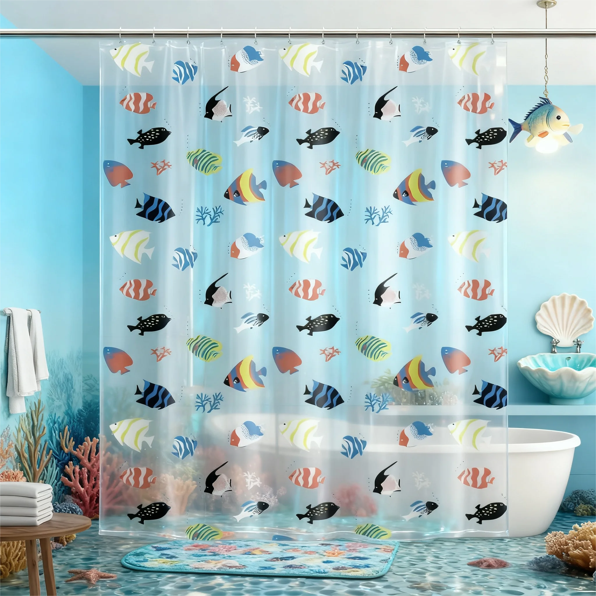 Tropical Fish Shower Curtain, Made of PEVA, Colorful Ocean Pattern - Transparent Bathroom Decor with Durable Metal Grommets