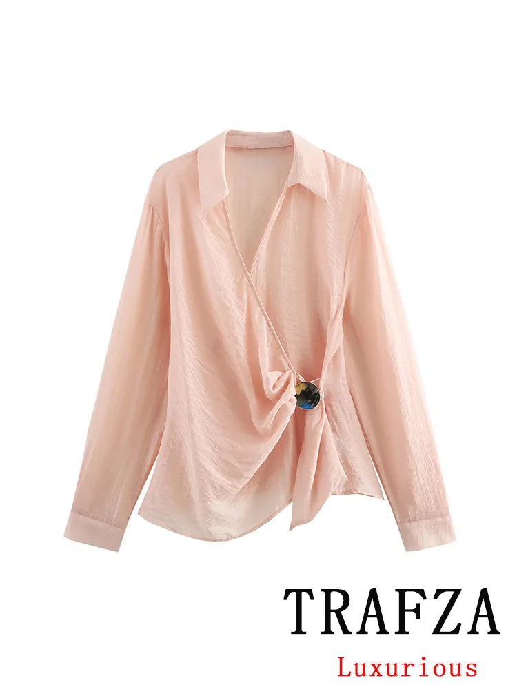 

TRAFZA Vintage Elegant Chic Solid Women Blouse V-Neck Long Sleeve Sequined Loose Shirts New Fashion 2025 Spring Holiday Blouse