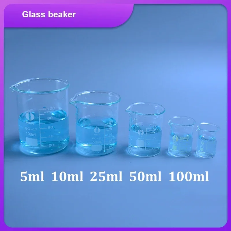 5Pcs Glass Beaker Set 5/10/25/50/100ml Borosilicate Glass Laboratory Measuring Cup Glassware School Study Lab Glass Beaker Set e