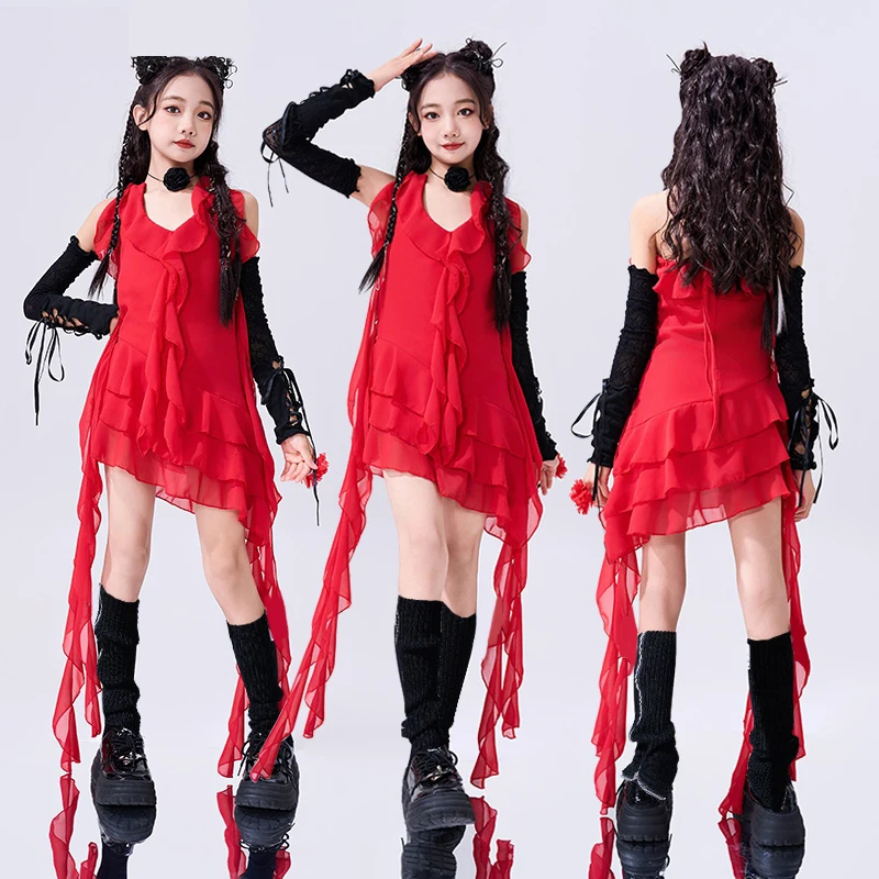 

2024 Red Girls Dress Jazz Dance Clothing Cheerlead Dance Outfits Kids Fashion Catwalk Performance Clothes Street Wear BL14321