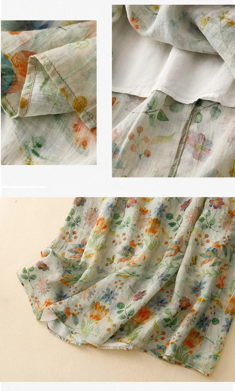 Vintage Women Skirts New Spring/summer Cotton Linen High Waist Loose Printed Chinese Style Skirt A-LINE Clothing