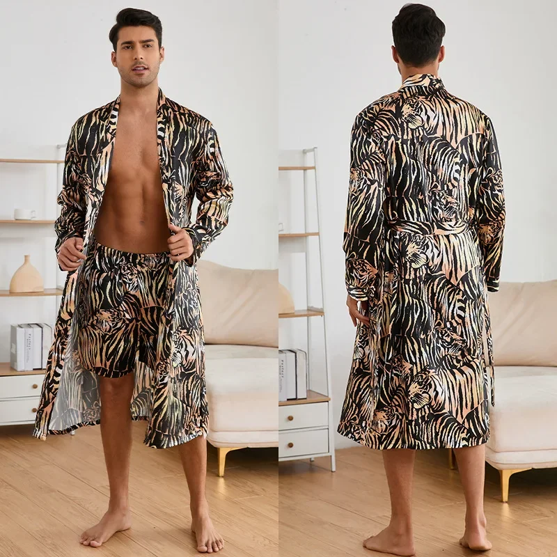 Tiger Print Loungewear 2Pcs Robe Set Shorts Male Satin Nightwear 2024 Autumn New Men Homewear Fashion Casual Home Clothes