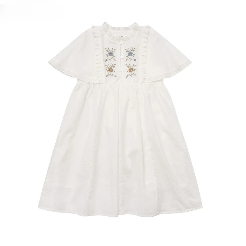 

2024 Baby Girl Princess Embroidery Flower Cotton Dress Infant Toddler Teens Elegant Vestido Shawl Collar Summer Clothes 1-12Y