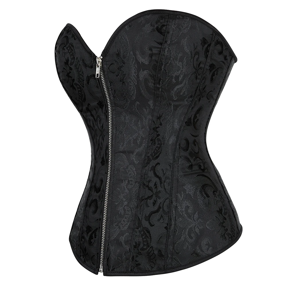 Jacquard Overbust Corset Corselet Black White Front Zip Waist Bustier Top Basques