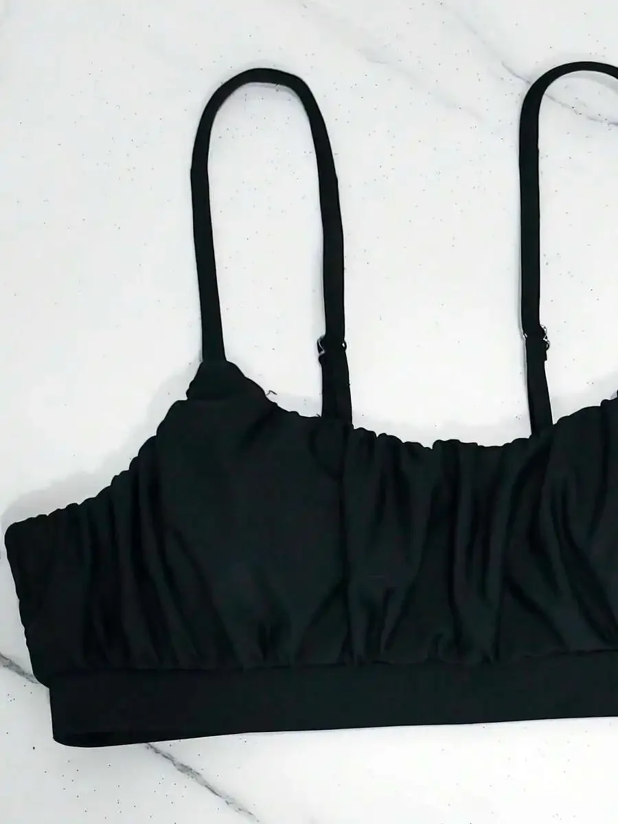 Black Ruched Bandeau High-Waisted Two-Piece Swimsuit Tummy Control Bikini