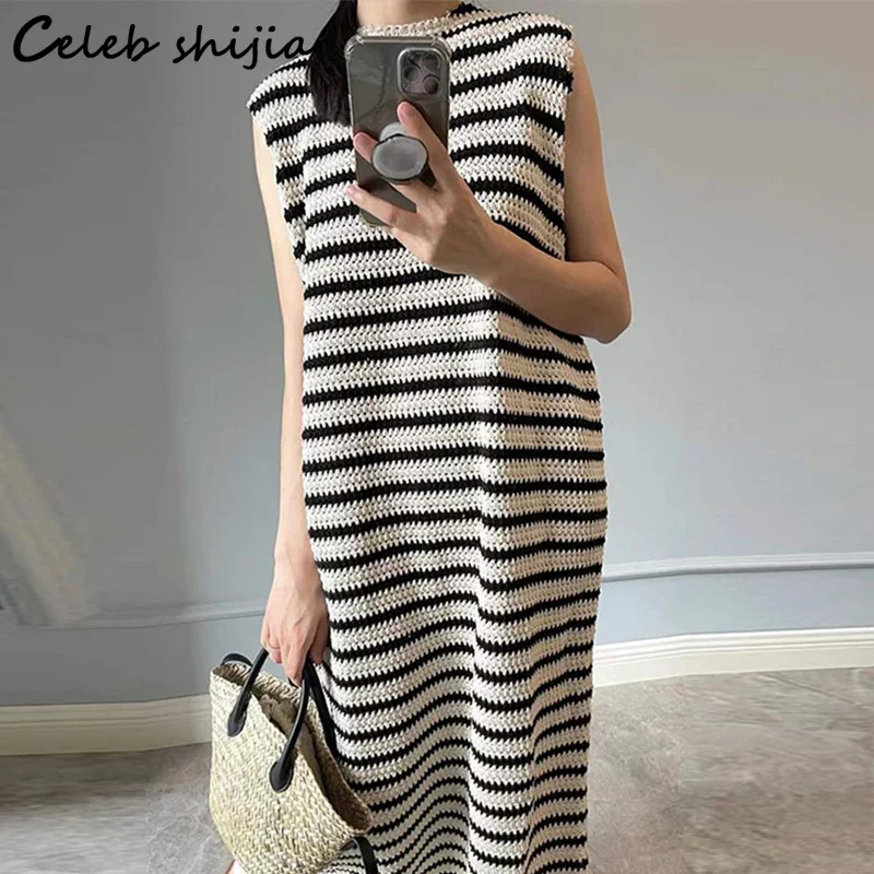 Chic White Stripped Knitting Dress Women Summer Sleeveless O-neck Knit Dress Women Clothing  Tank Sleeve Korean Knitwear