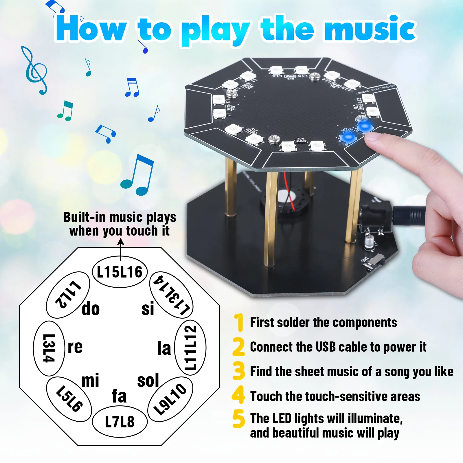 DIY Electronic Music Drum Kit Touch Sensing SMD Soldering Practice Project Suite with 7 String Lyre Harp STEM for School Educate