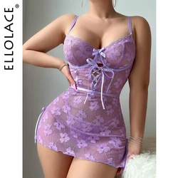 Ellolace Floral Sexy Lace Dress See Through Women's Babydooll Lace Up Sissy Sleepwear Purple Night Clip Sex Doll