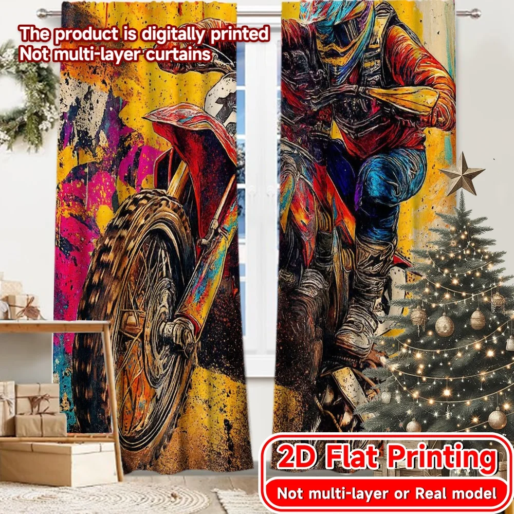 2D Flat Printing,2pcs Dynamic Rider Chic Curtains Polyester Easy Install Curtains Home Decor Perfect for digital printing living