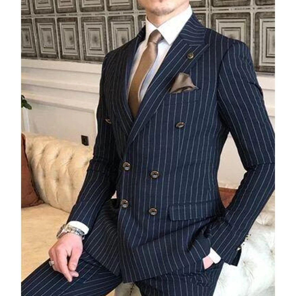 Formal Men Suits High Quality Male Clothing Double Breasted Peak Lapel Navy Blue Stripe Full Sets Business 2 Piece Jacket Pants