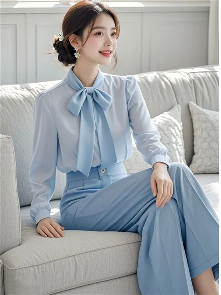 Shirt Ladies Trouser Spring Autumn Wide Leg Holiday Outfits Women's Blouse and Pants Two Piece Set 2024 Sexy Chic Elegant Full