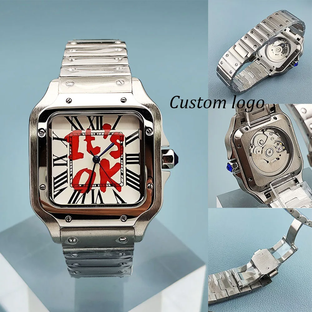 

NH35 Square Watch It's OK Dial Custom Logo Men's Square Watch Roman Dial Folding Buckle Watch Suitable for NH35 Movement Watch