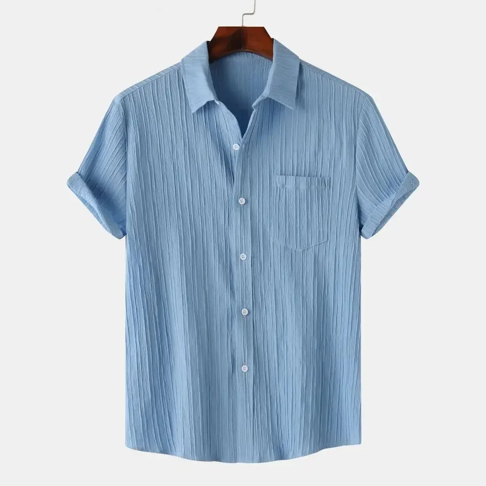 

Men Solid Color Shirt Men's Casual Breathable Short Sleeve Shirt with Chest Pocket Button Closure Soft Loose Fit for Daily