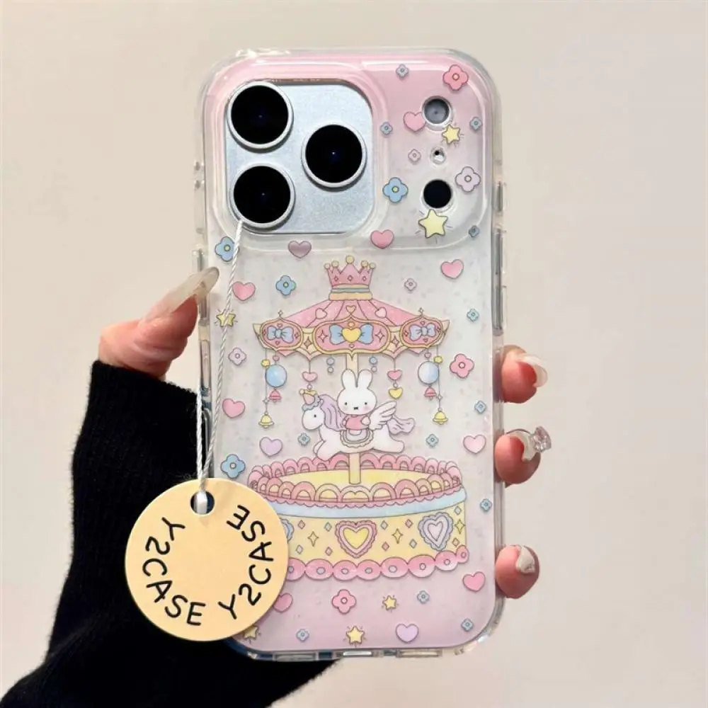 Niedliche Miffy Bunny Karussell transparente Handyhülle für iPhone, stoßfeste Schutzhülle mit Blumenmuster, Cartoon-Telefonabdeckung