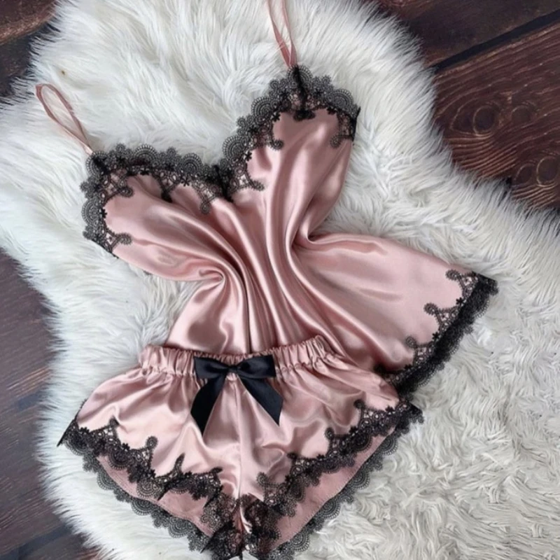 

Women's Luxury Satin Lace Pajama Set - Spaghetti Strap & Shorts Two-Piece with Bow Detail, Sexy Elegant Loungewear Spring Summer