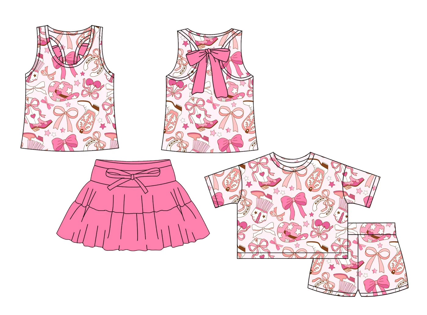 Valentine's Day Strawberry and Cherry Heart Print Sleeveless Pink Top and Skirt Set with Matching Boutique Shorts Set