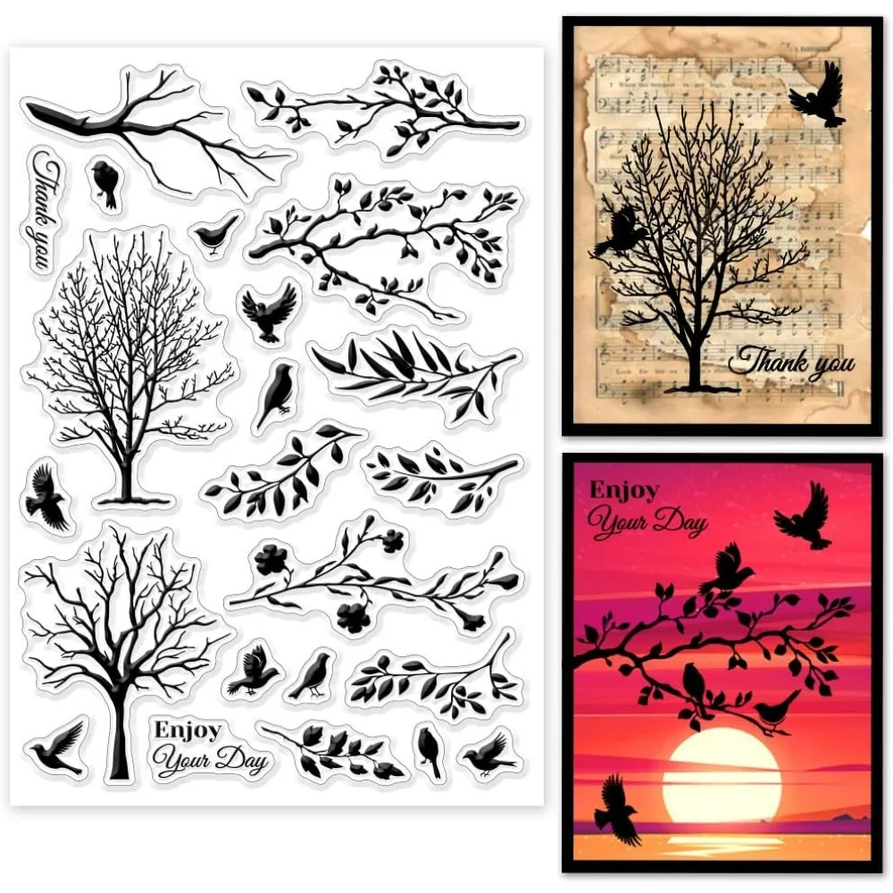 1PC Tree Bird Silhouette Clear Stamps Tree Branches Clear Stamps Tree Flower Silicone Stamps for DIY Scrapbooking Photo Album