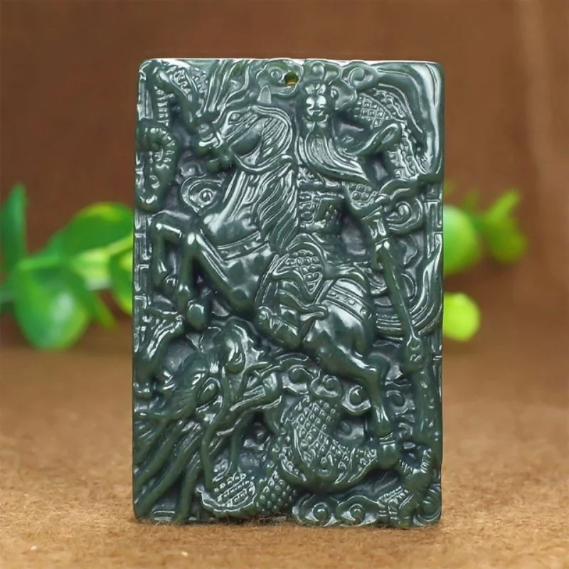 Hetian Green Men, Dominant Martial Necklace, Riding Guan Gong Jade Pendant