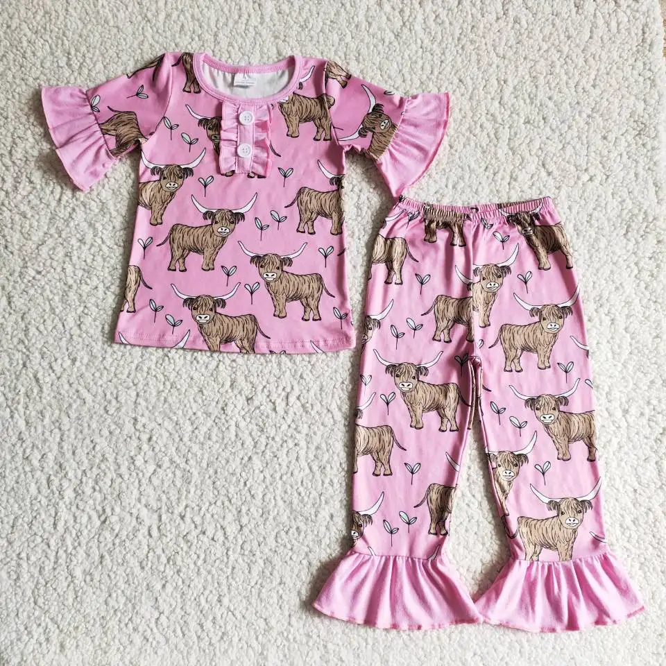 Spring Children Pink Cow Nightclothes Clothing Baby Boy Girl Sleepwear Clothes Set Pants Infant Ruffle Wholesale Pajamas Outfit