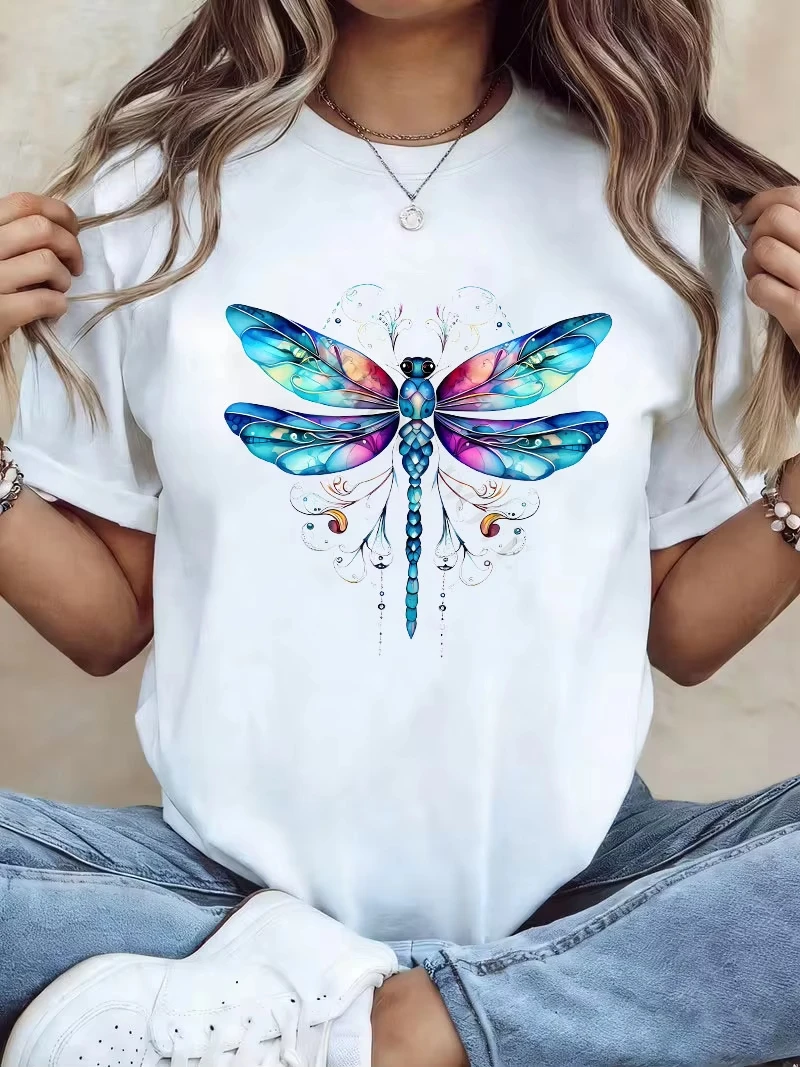Unisex Men Women T Shirt Colorful Watercolor Dragonfly Art Print Short Sleeve Tee Casual Crew Neck Insect Graphic T-shirt