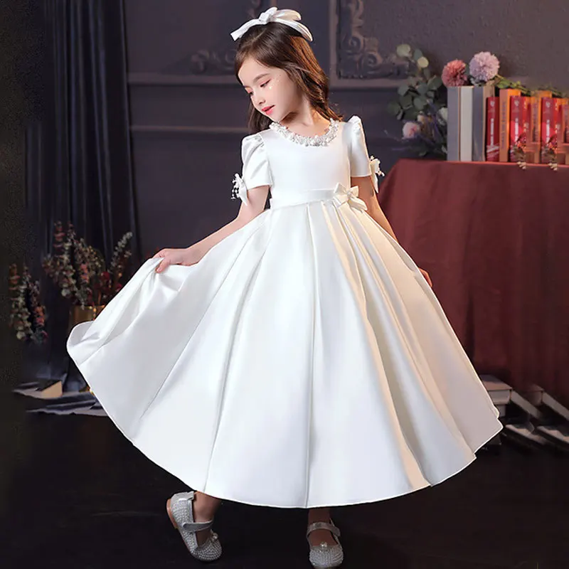 Little Girls White CeremonY Communion Dress Kids Birthday Party Ball Gown Girls School Piano Performance Dresses Fromal Beaded