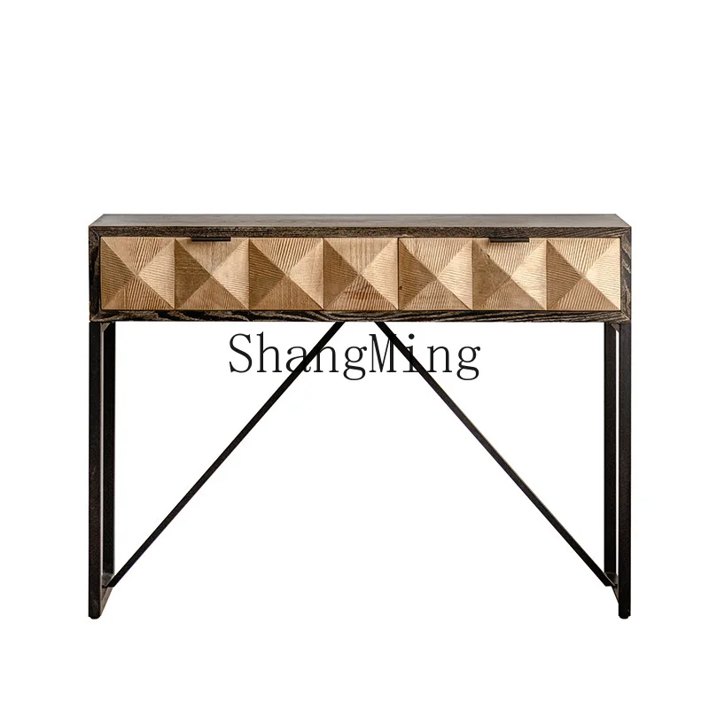 Tavolo da ingresso di lusso leggero in legno massello SM, decorazione del corridoio d'ingresso del soggiorno contro il muro, tavolo lungo con cassetti