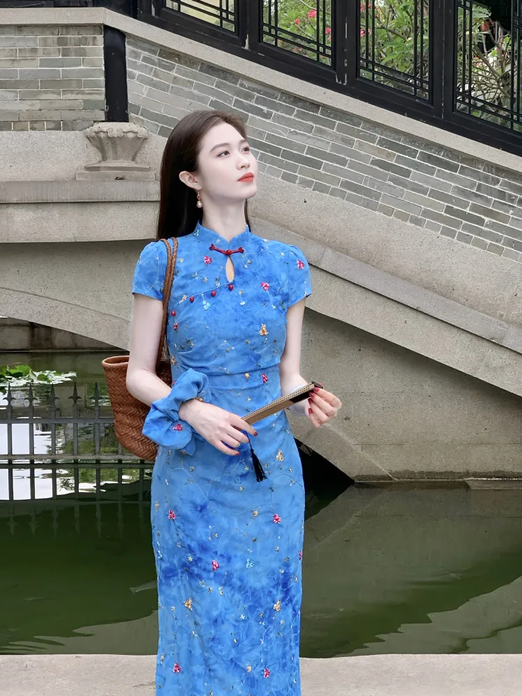 

Новая китайская длинная юбка Ципао с цветочным принтом Dr, женская летняя осенняя длинная юбка с вырезом в стиле ретро, повседневная одежда с круглым воротником и низким разрезом