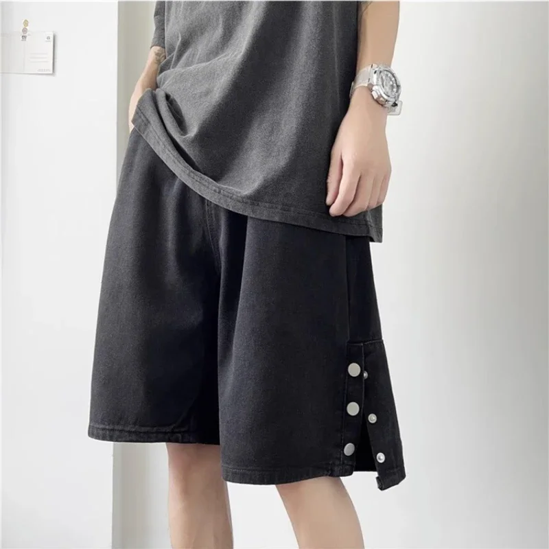 Celana Pendek Solid Pria Pinggang Tengah Sporty Longgar Panjang Lutut Bernapas Remaja Vitalitas Muda Pakaian Jalanan Santai Antik Cocok untuk Semua