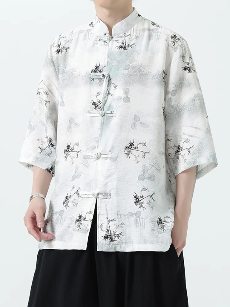 

Новая мужская летняя рубашка в китайском стиле из тонкого ледяного шелка с принтом, в стиле танского костюма, свободного кроя, молодежная мода