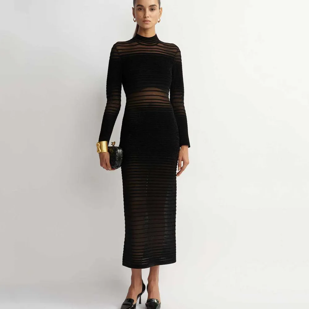 

New Spring Autumn Cross-Border Elegant Organza Patchwork Long-Sleeved Black Knitted Dress ropa para mujer party dresses TRAF