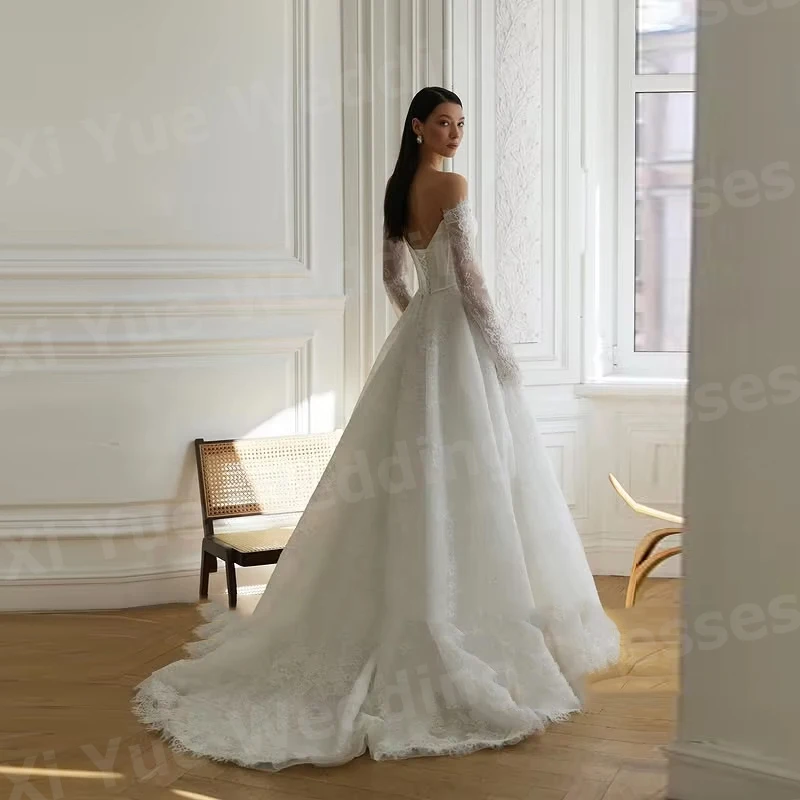 ชุดแต่งงานผู้หญิงทรงเอไลน์สุดหรู ผ้าลูกไม้เปิดไหล่ แขนยาว ชุดเจ้าสาวแบบสั่งตัดได้