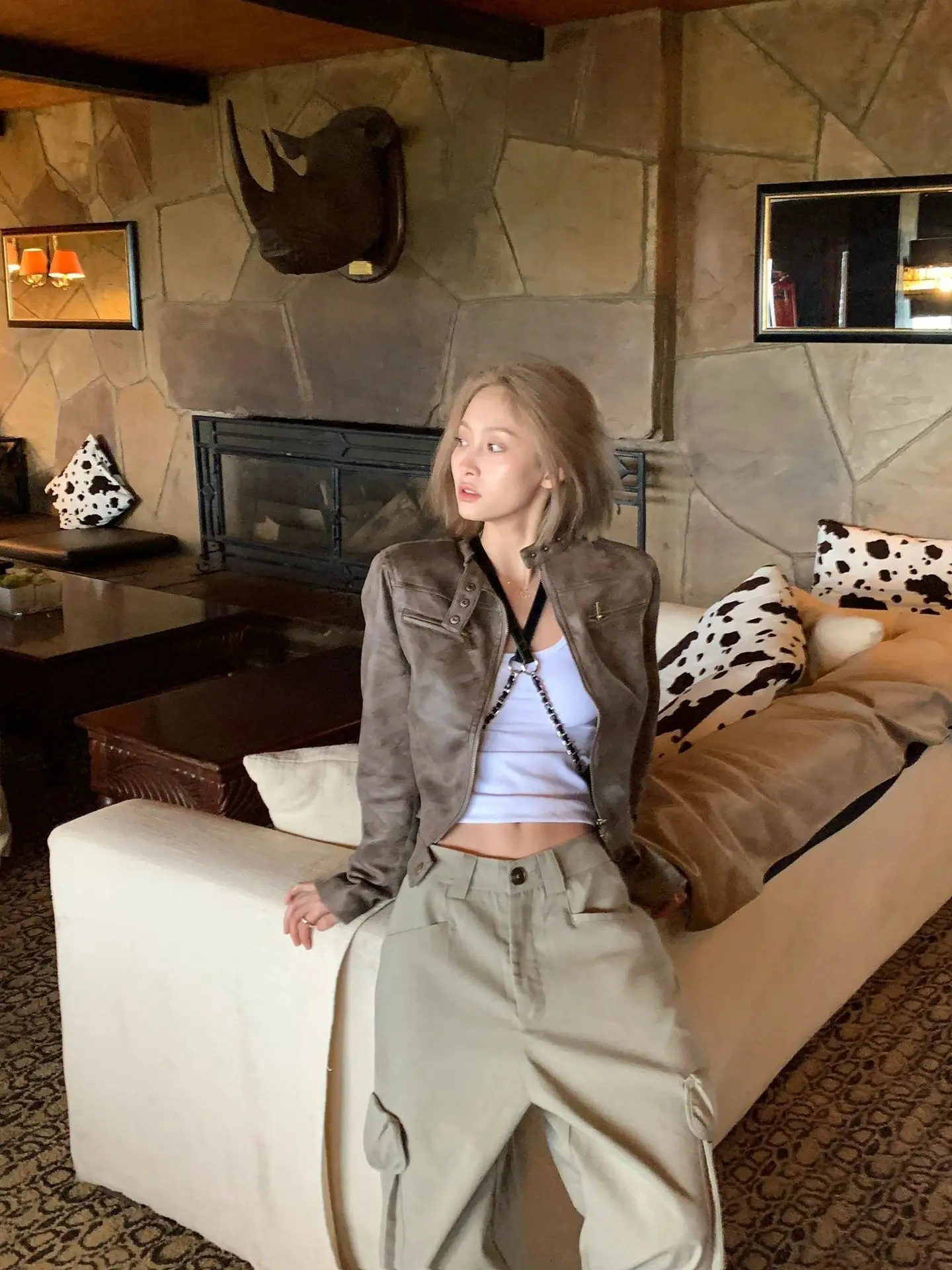 Retro American Biker ort Leather Jaet Dames Slim Fit Herfst Winter Koffie Kleur Cool Vintage Sle Damestop