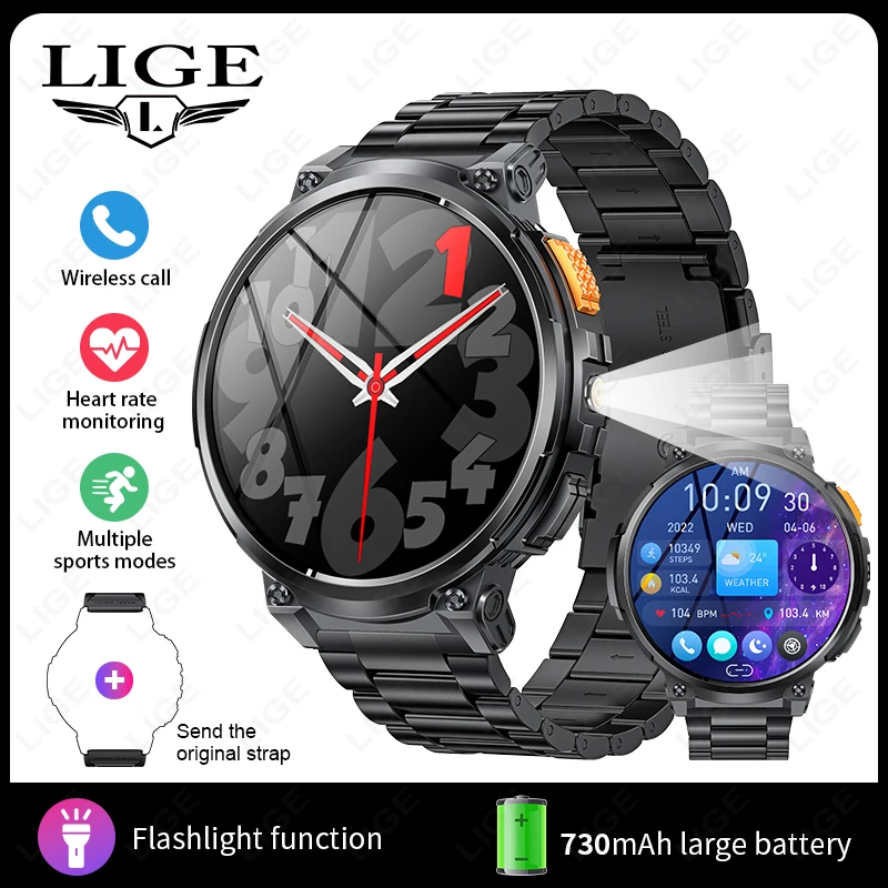 Men's Flashlight Bluetooth Call Smartwatch with Large Battery