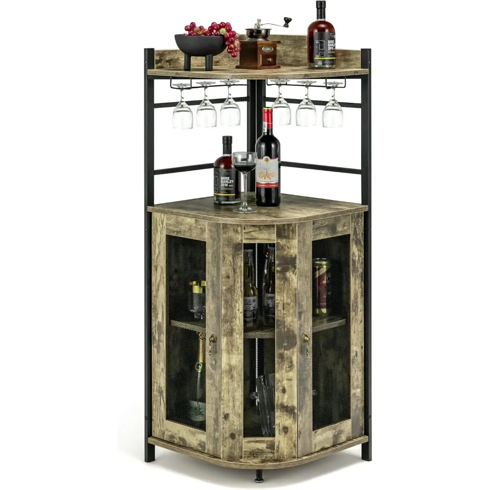 

Corner Bar Cabinet with Glass Holder, Industrial Wine Cabinet with Metal Mesh Doors & Adjustable Shelf, Buffet Cabinet with Ant